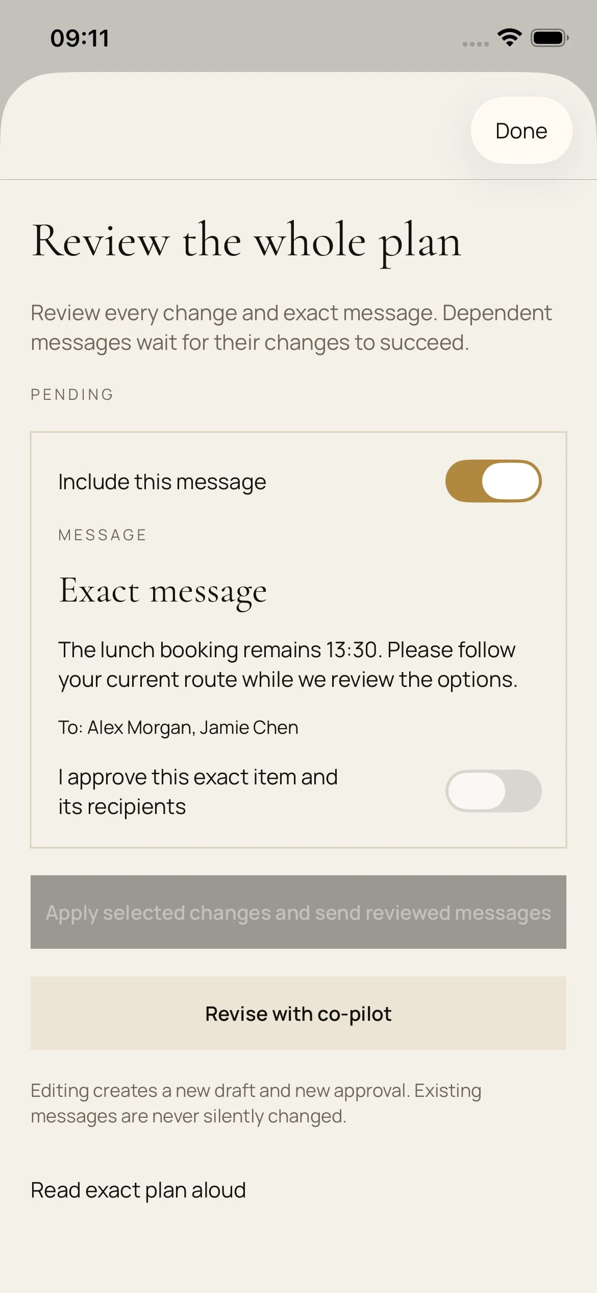 Tour Desk demonstration: review the exact plan and message before approving